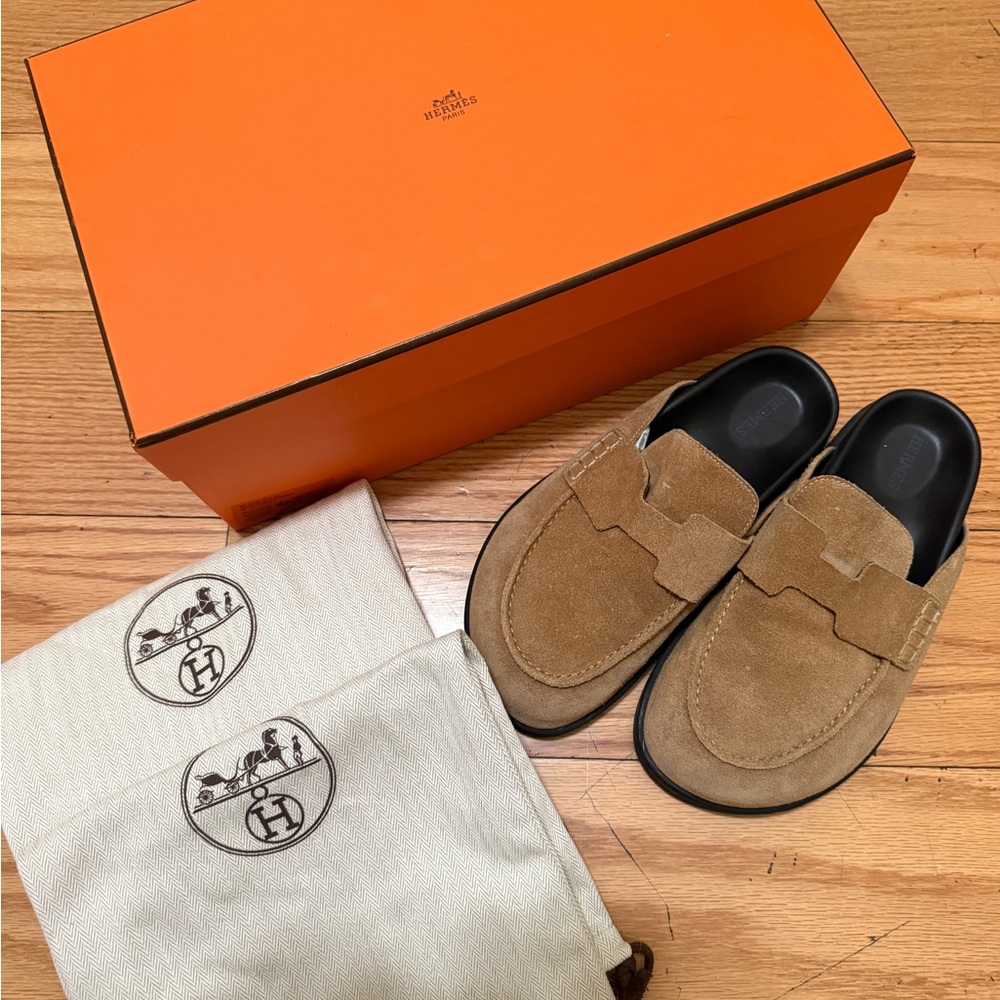 Hermes Tan Suede Clog Mules